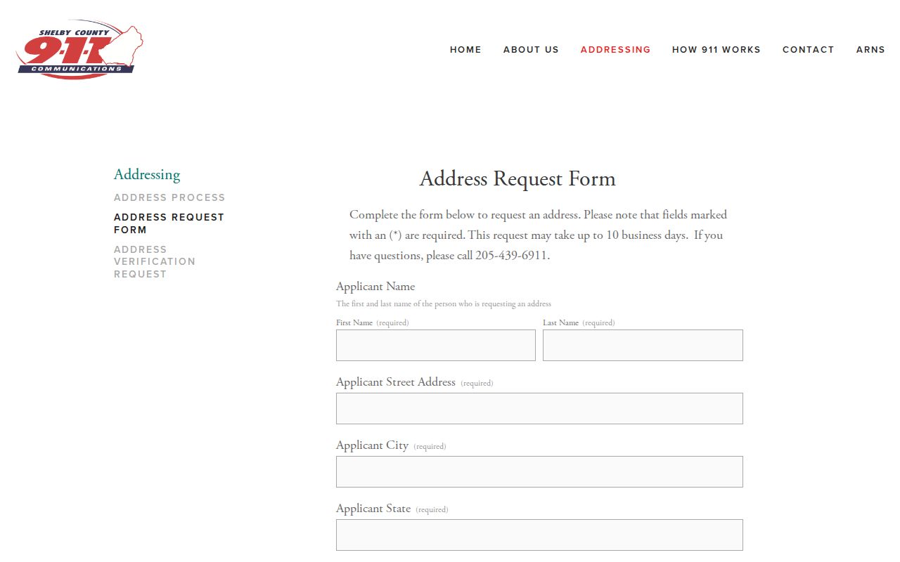 Shelby County street directory address request form from Shelby 911